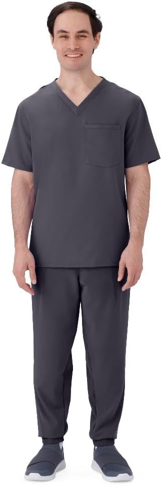 AVE Mill Unisex Chest Pocket V-Neck Scrub Top, Charcoal, Small - As Pictured