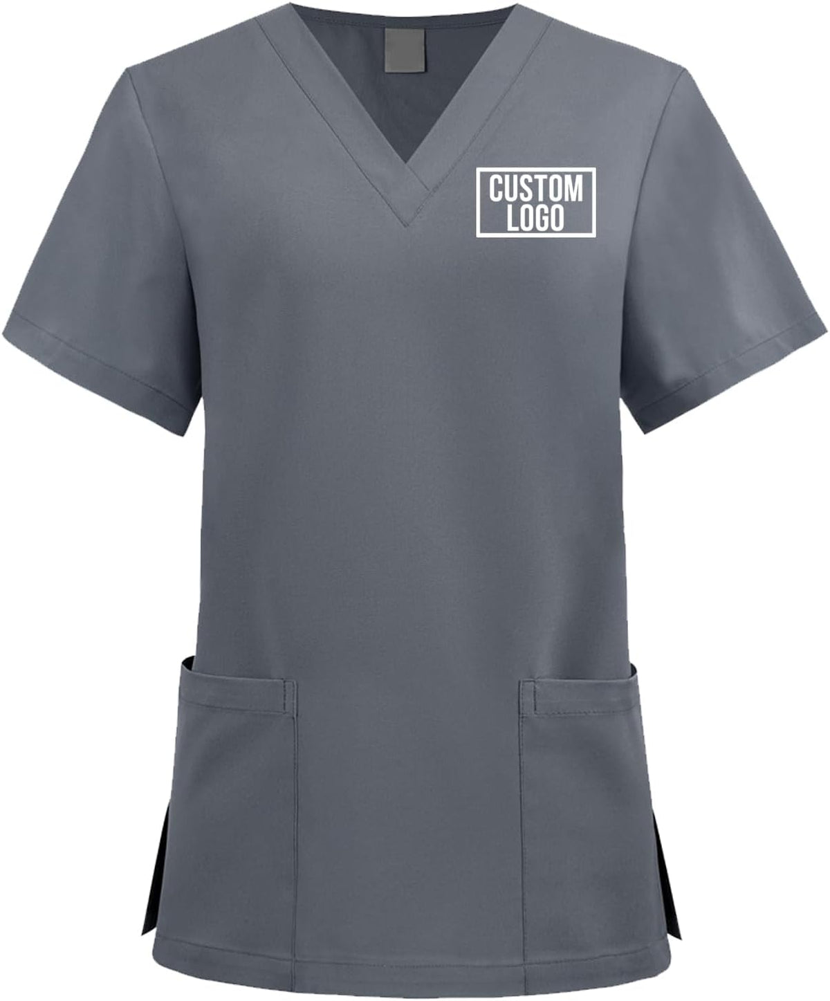 Custom Scrub Tops for Women Personalized Logo Medical Scrubs Shirts Customized V-Neck Nursing Uniform with Pockets - Grey