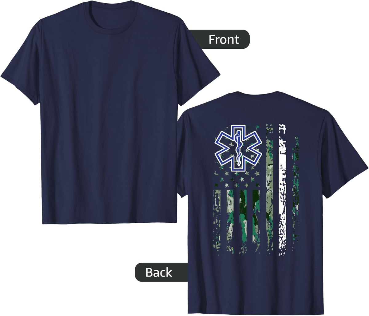 EMS Shirt EMT Paramedic White Line USA Camouflage Back Print T-Shirt - Navy Blue