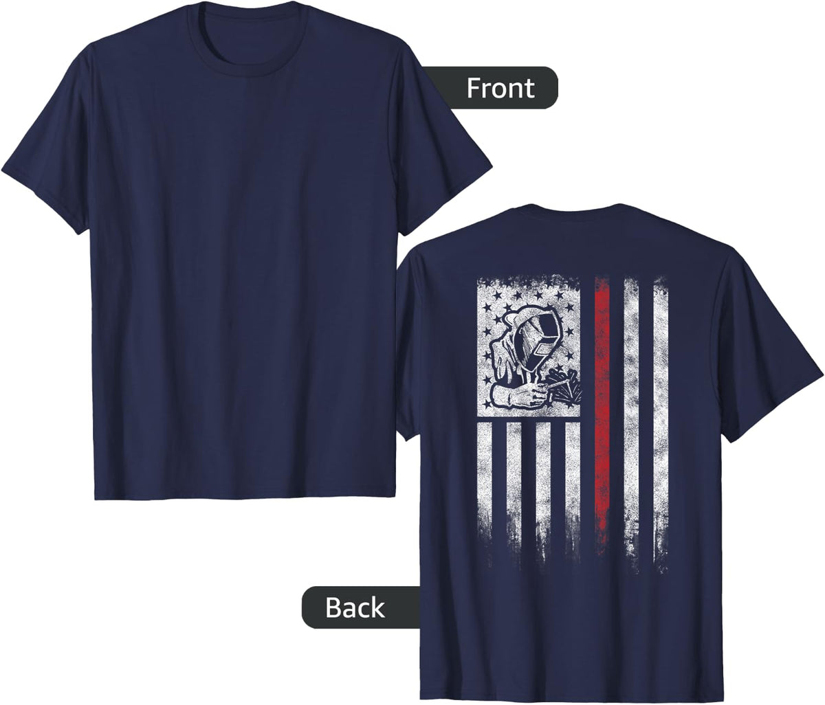 Welder Vintage USA American Flag Patriotic Welding T-Shirt - Navy Blue