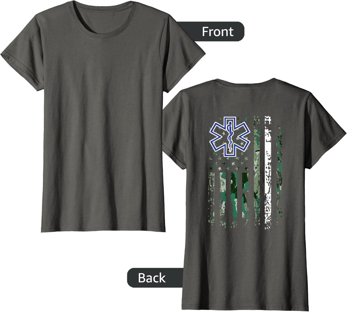 EMS Shirt EMT Paramedic White Line USA Camouflage Back Print T-Shirt - Asphalt Grey