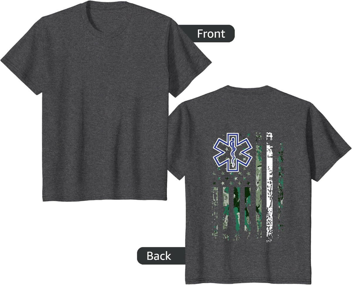 EMS Shirt EMT Paramedic White Line USA Camouflage Back Print T-Shirt - Dark Heather Grey