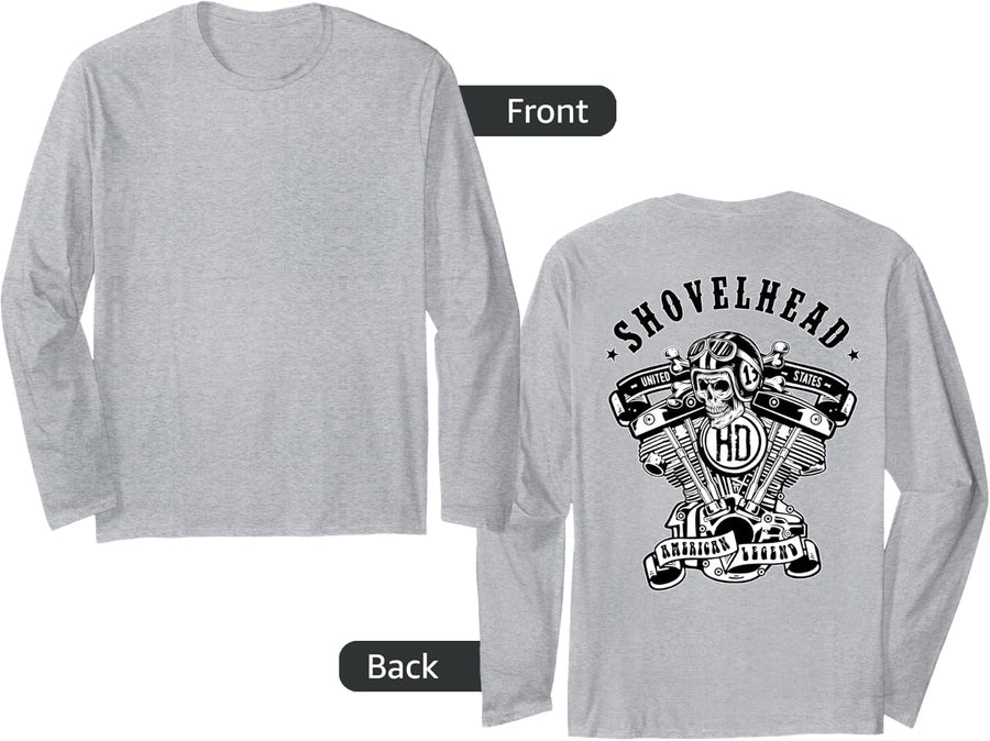 HD ShovelHead American Motorcycle Legend VTwin Engine Skull Long Sleeve T-Shirt - Adult Unisex Heather Grey