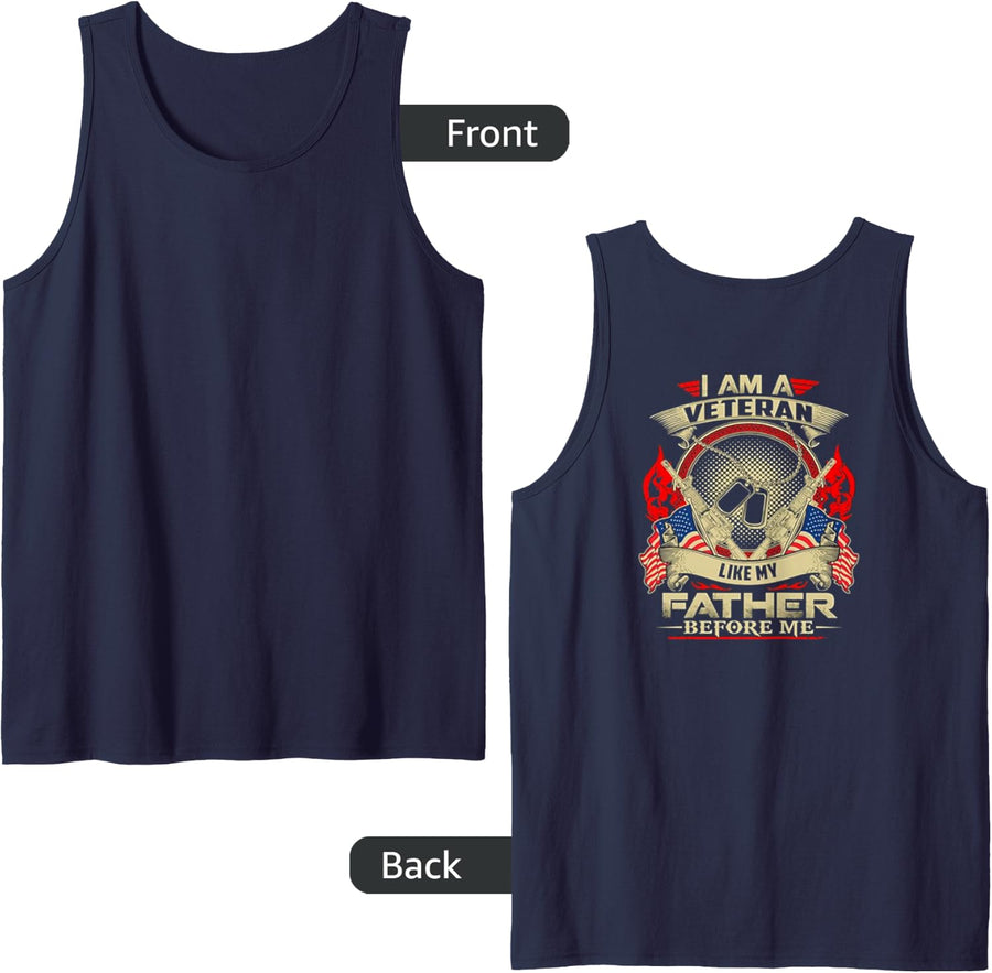 I Am A Veteran Like My Father Before Me Design On Back Tank Top - Navy Blue