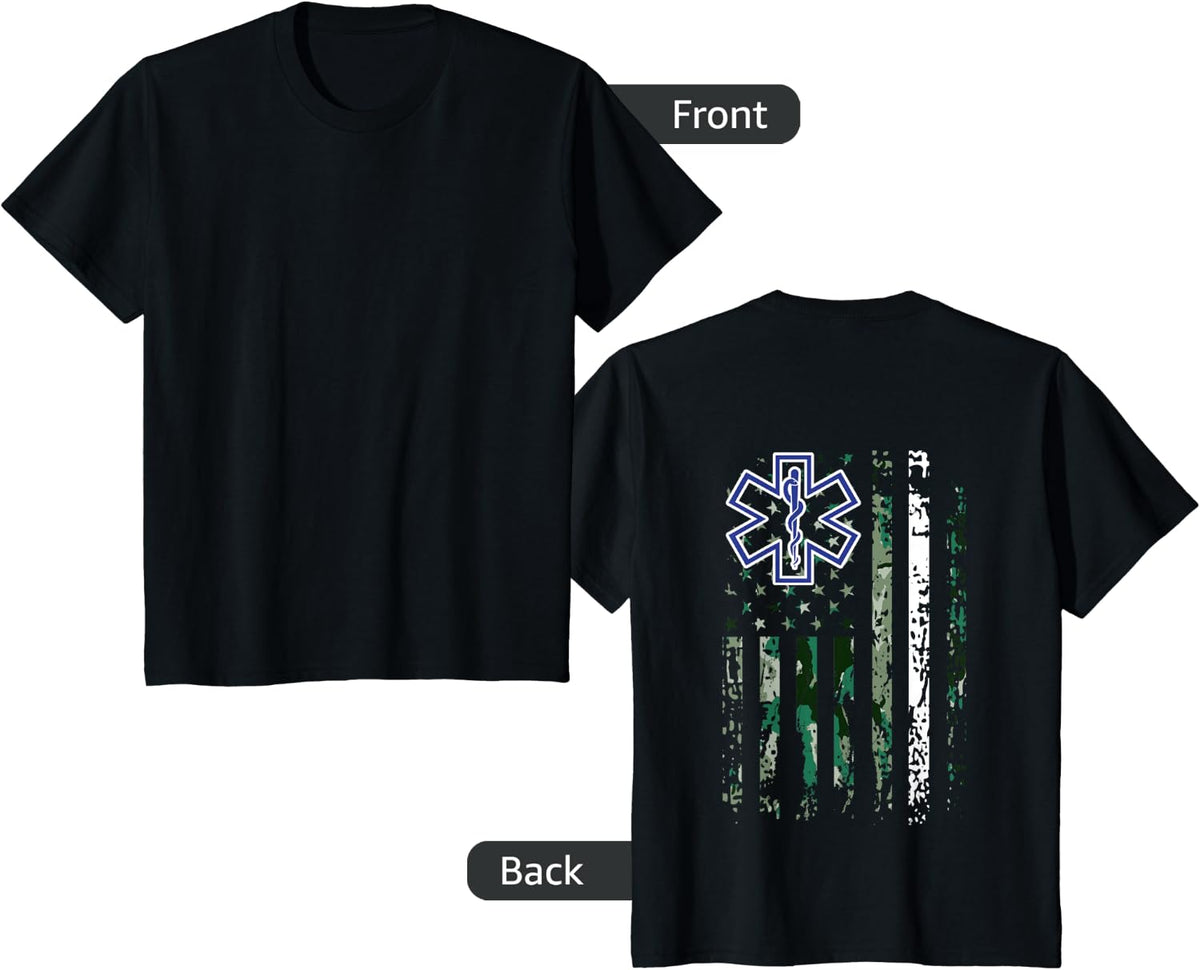 EMS Shirt EMT Paramedic White Line USA Camouflage Back Print T-Shirt - Black
