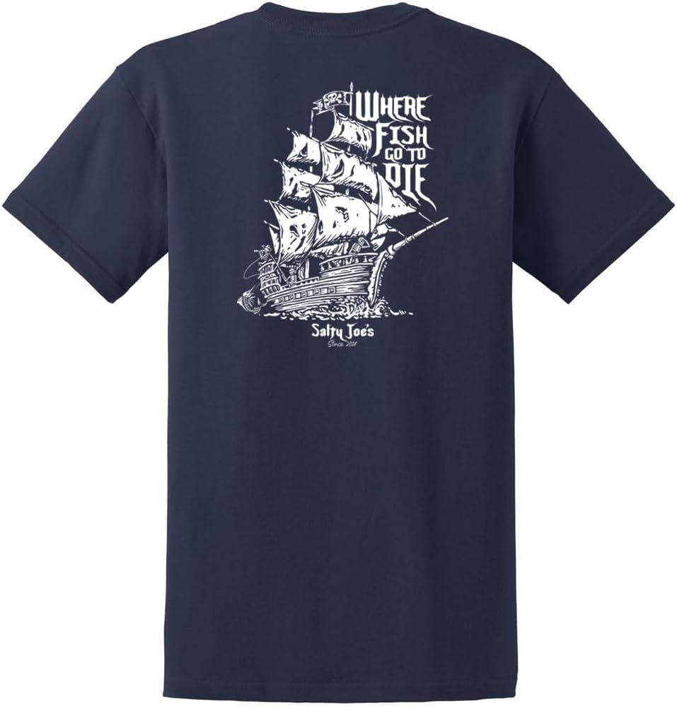SALTY JOES Men's Skeleton Ship Logo Heavyweight Tees - Navy \/ White Skeleton Ship Logo