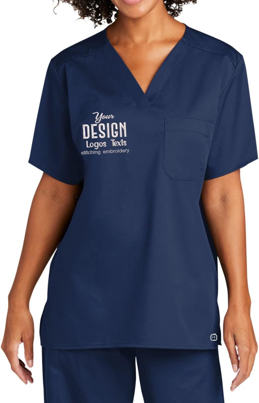 INK STITCH Unisex WW3160 Unisex Embroidered Logo Texts V Neck Pocket Scrub Shirts - Multicolors - Navy