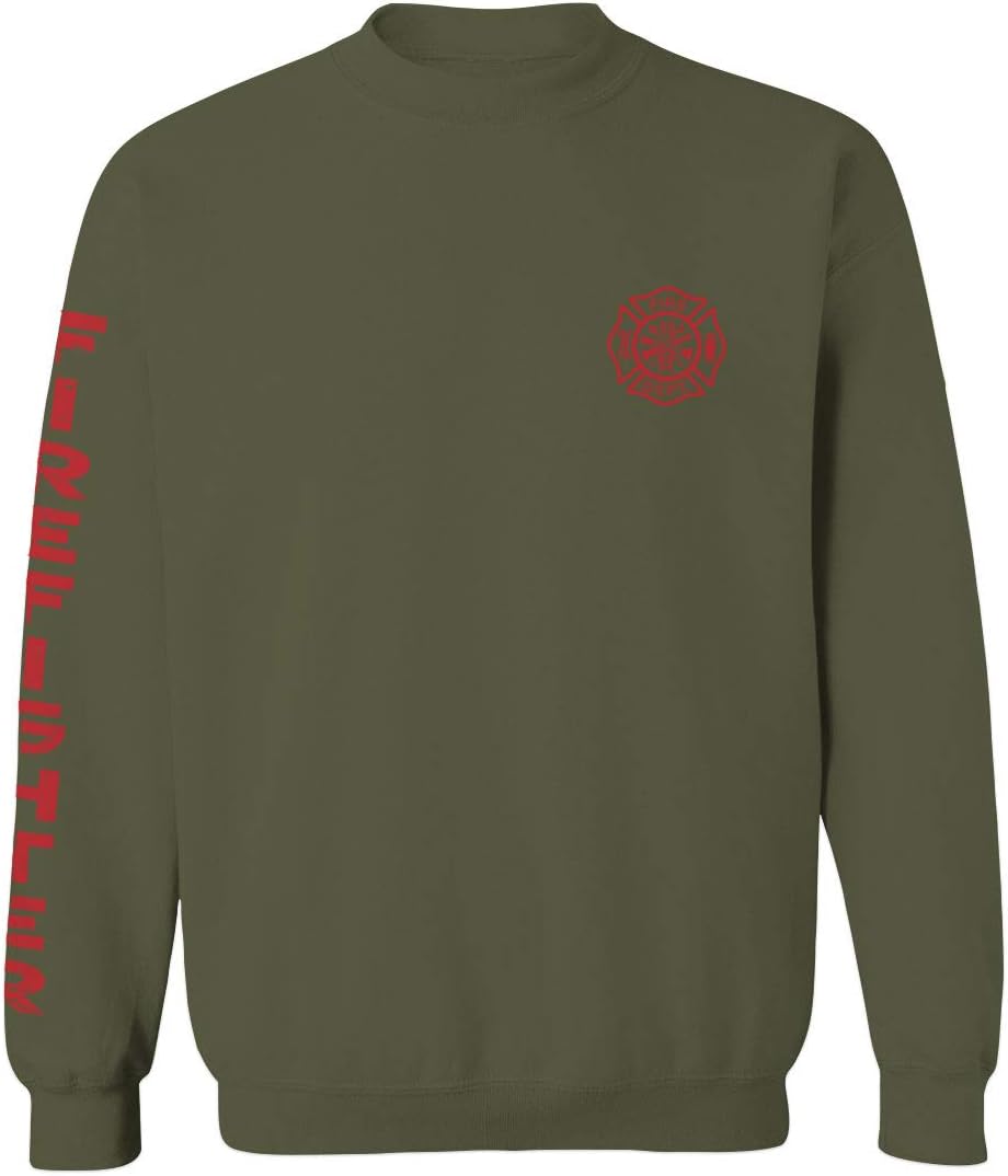 0121. America Patriotic Firefighter Support Seal Thin Red Line Fonts Fireman Men's Crewneck Sweatshirt - Olive