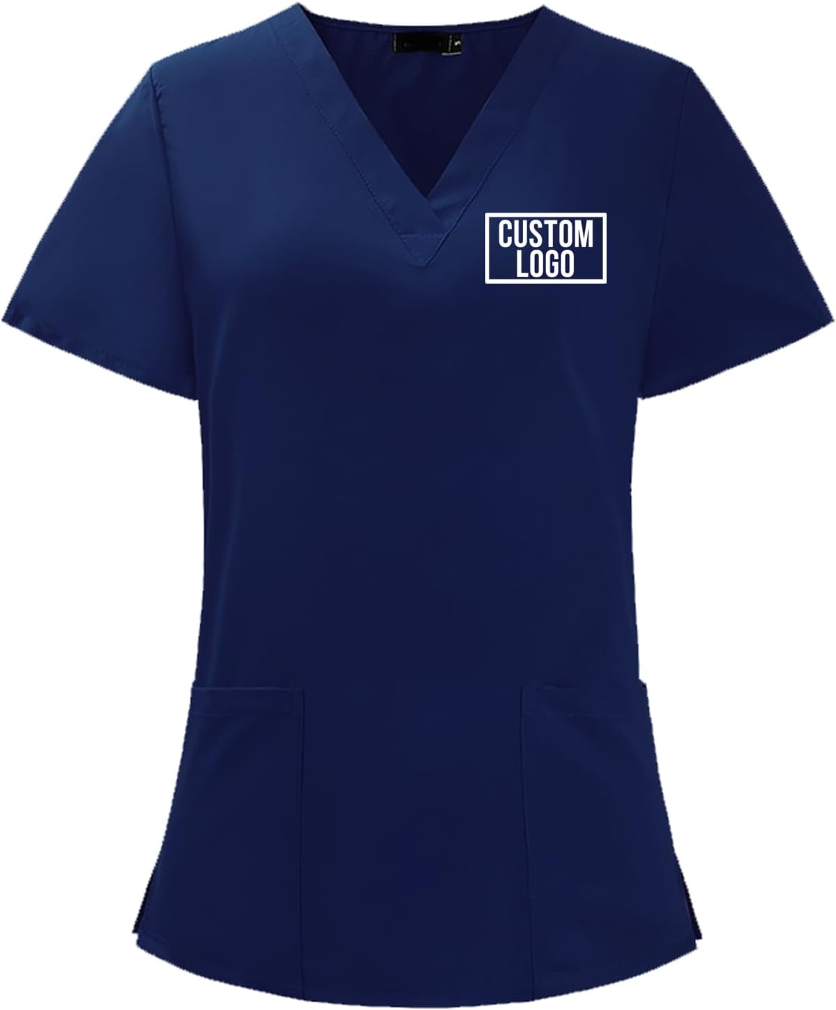 Custom Scrub Tops for Women Personalized Logo Medical Scrubs Shirts Customized V-Neck Nursing Uniform with Pockets - Navy