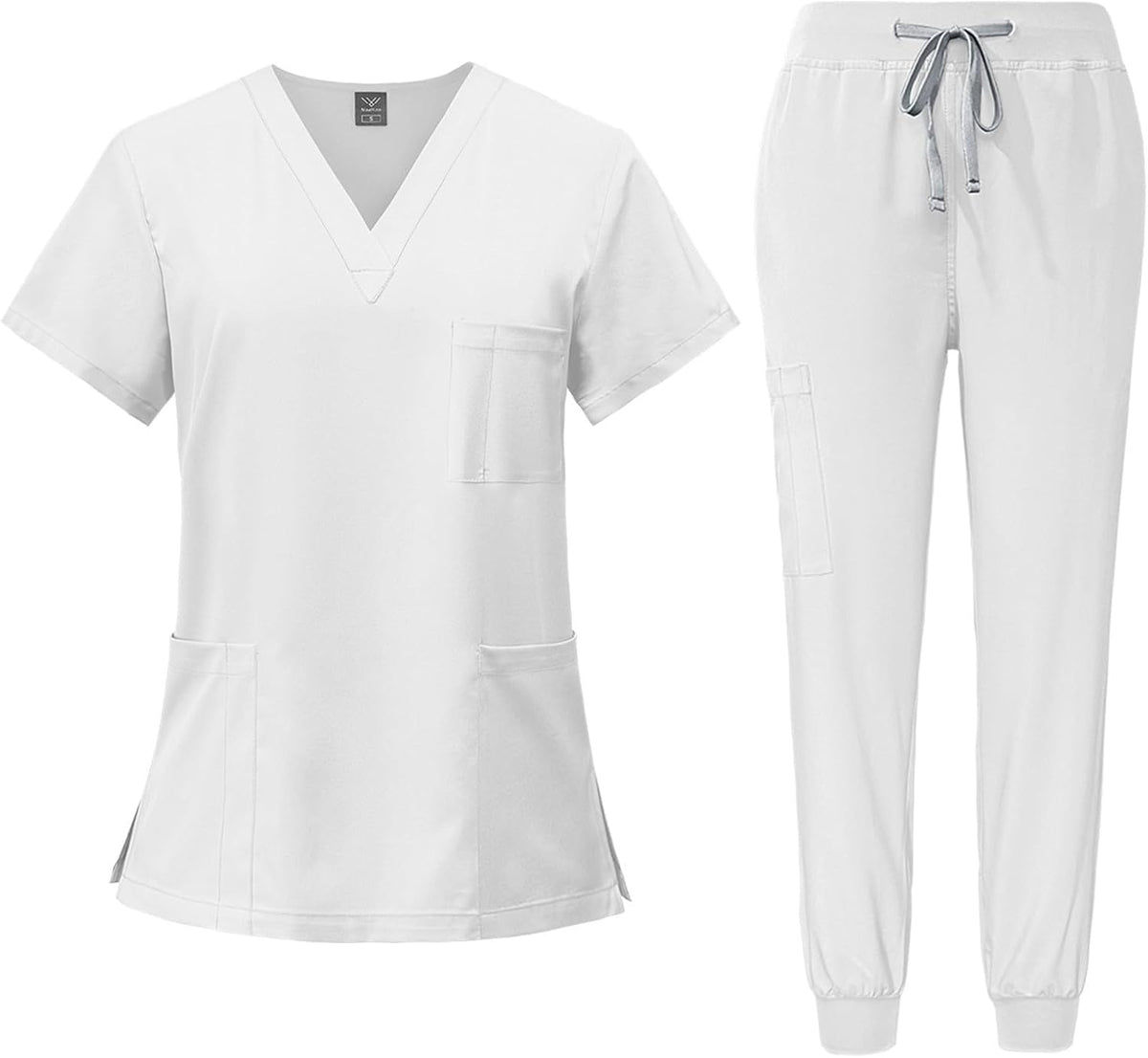 Scrubs for Women Set Stretch V-Neck Scrub Tops & Cargo Pant Quick Drying Solid Medical Nurse Uniform with Pockets - 01-white