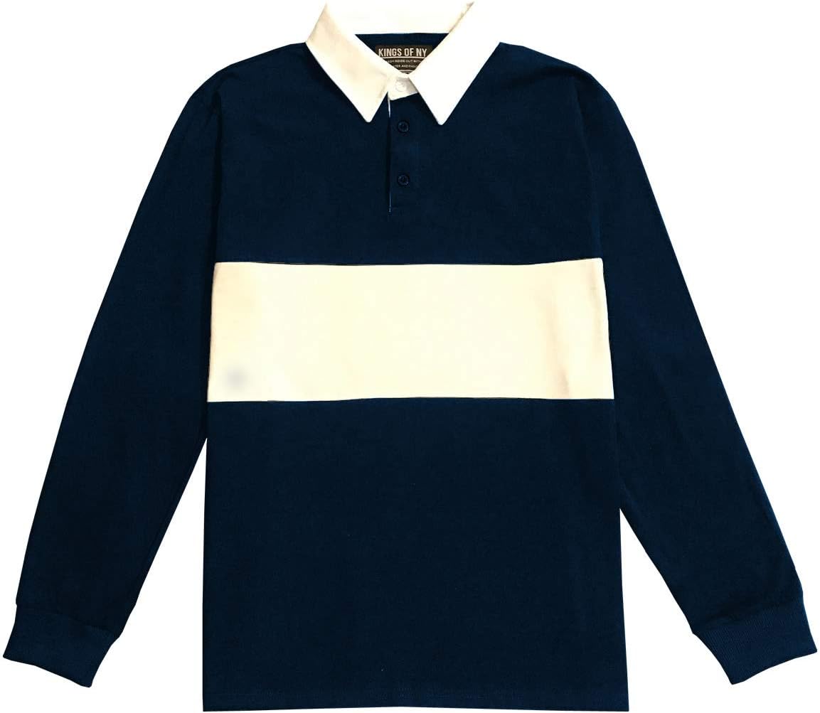 Kings Of NY Classic Mens Long Sleeve Sports Polo Rugby Shirt - Navy Blue