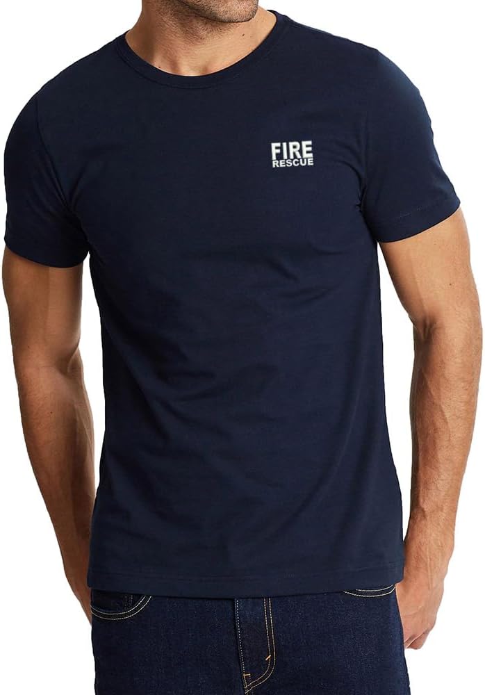 Men's T-Shirts Fire Rescue Embroidered Classics Crewneck Cotton Short Sleeve T Shirt - Navy