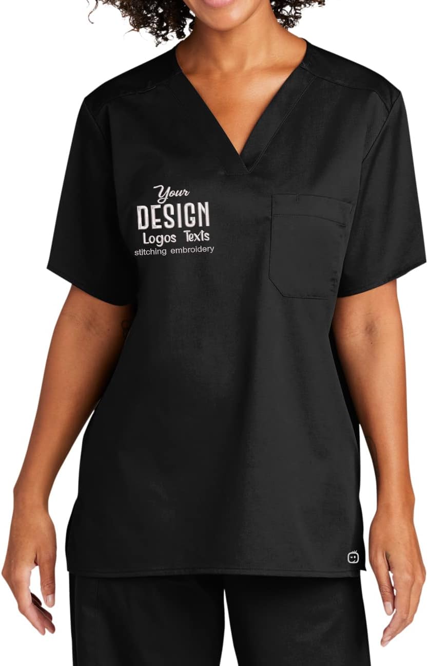 INK STITCH Unisex WW3160 Unisex Embroidered Logo Texts V Neck Pocket Scrub Shirts - Multicolors - Black