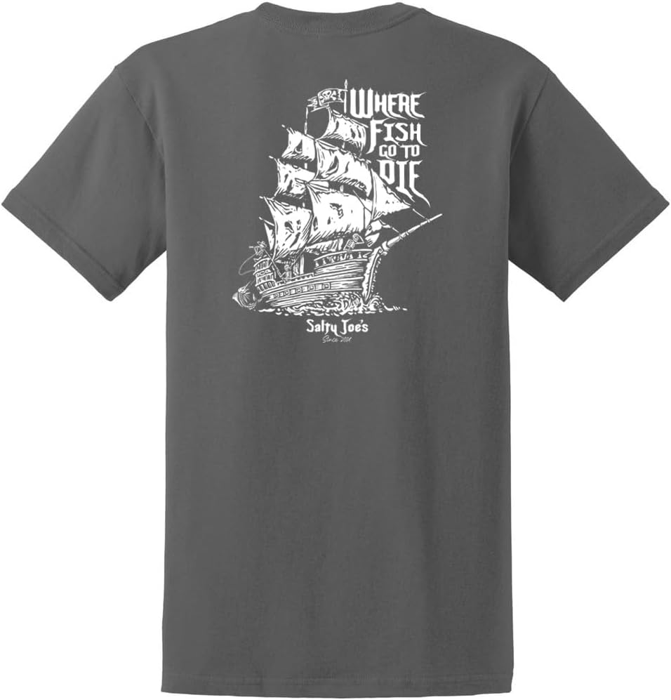SALTY JOES Men's Skeleton Ship Logo Heavyweight Tees - Charcoal \/ White Skeleton Ship Logo