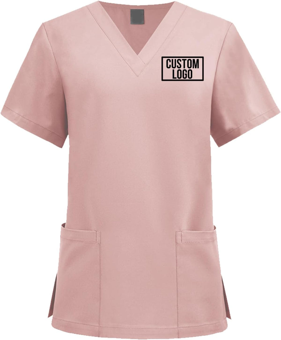 Custom Scrub Tops for Women Personalized Logo Medical Scrubs Shirts Customized V-Neck Nursing Uniform with Pockets - Pink