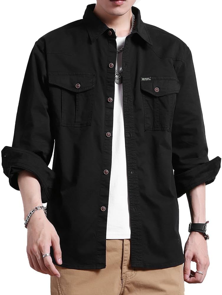 Men's Multi Pockets Work Shirts Relaxed Fit Cotton Button Down Long Sleeves Shirts - Black
