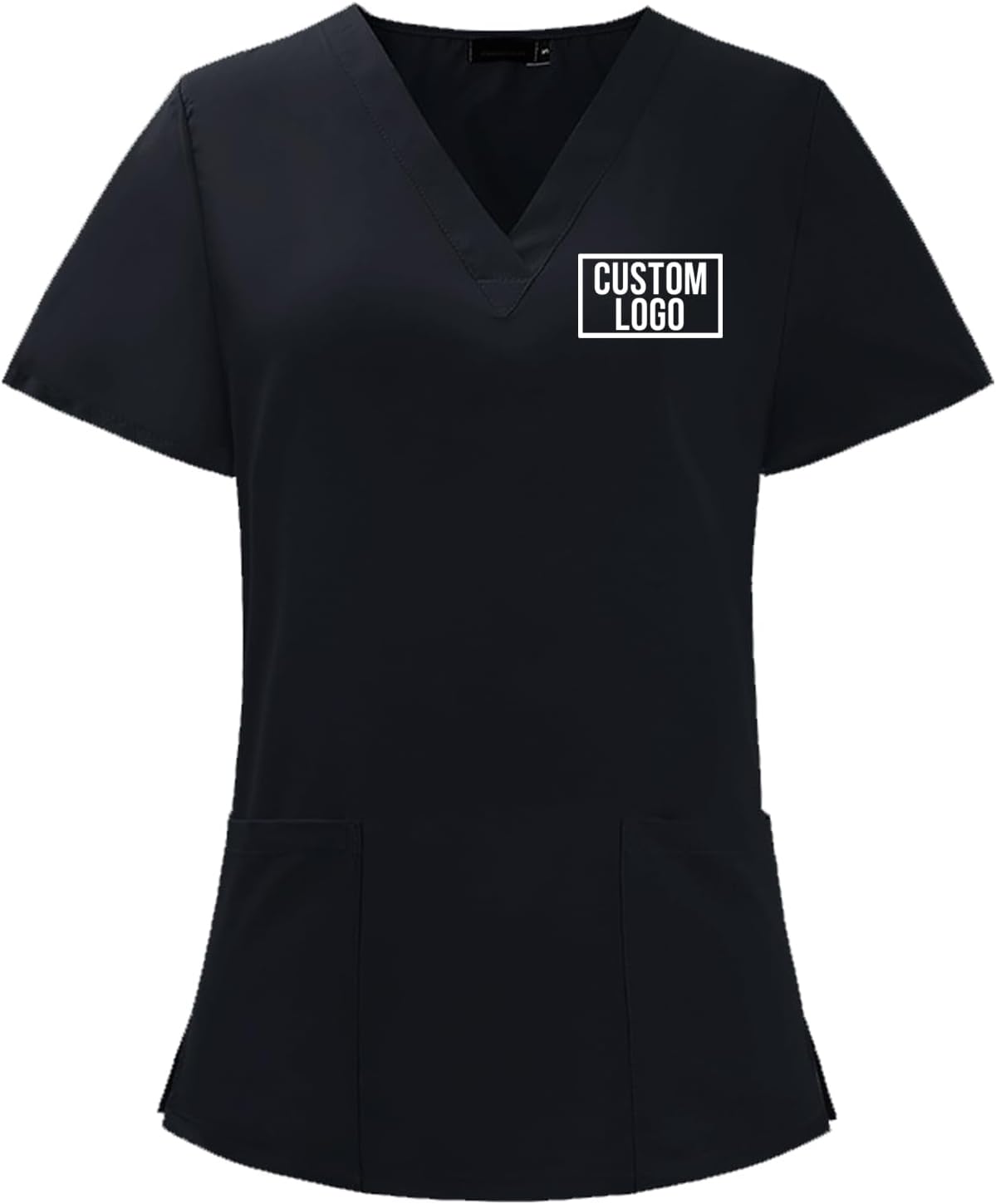 Custom Scrub Tops for Women Personalized Logo Medical Scrubs Shirts Customized V-Neck Nursing Uniform with Pockets - Black