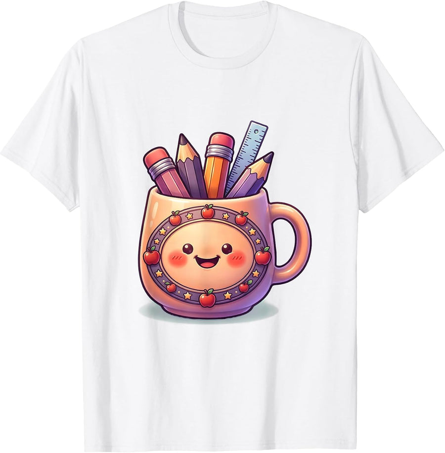 Men's First Grade Teacher Coffee Mug Pencils Rulers Graphic T-Shirt - White