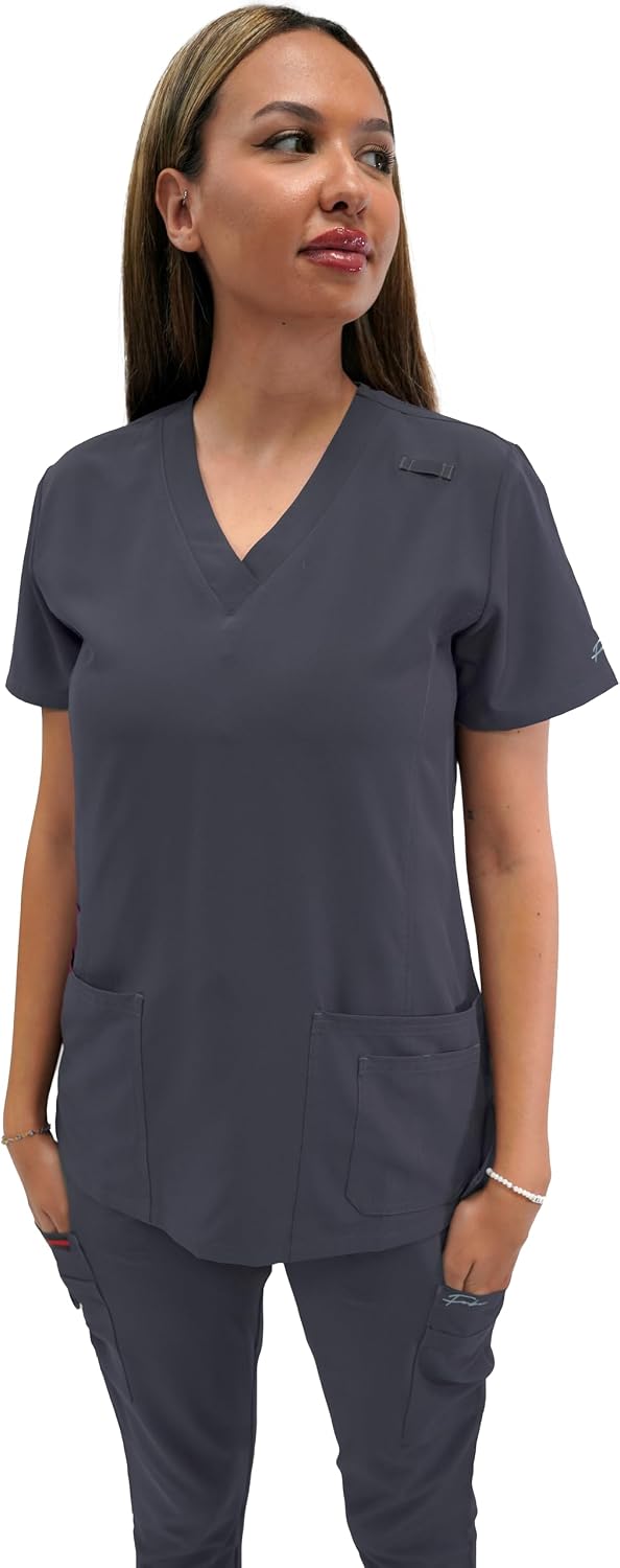 FUBU Women's 5 Pocket V-Neck Scrub Top Medical Nursing Uniform - Pewter