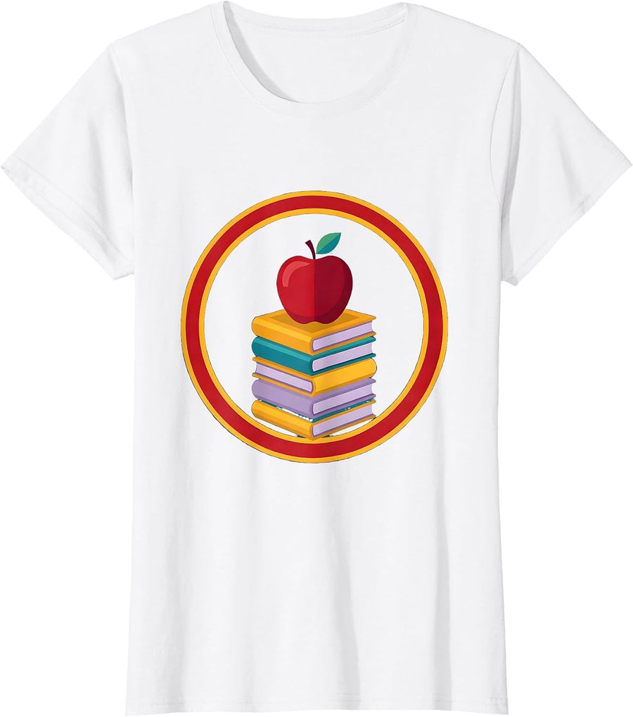 Women's First Grade Teacher Apple and Books Illustration T-Shirt - White