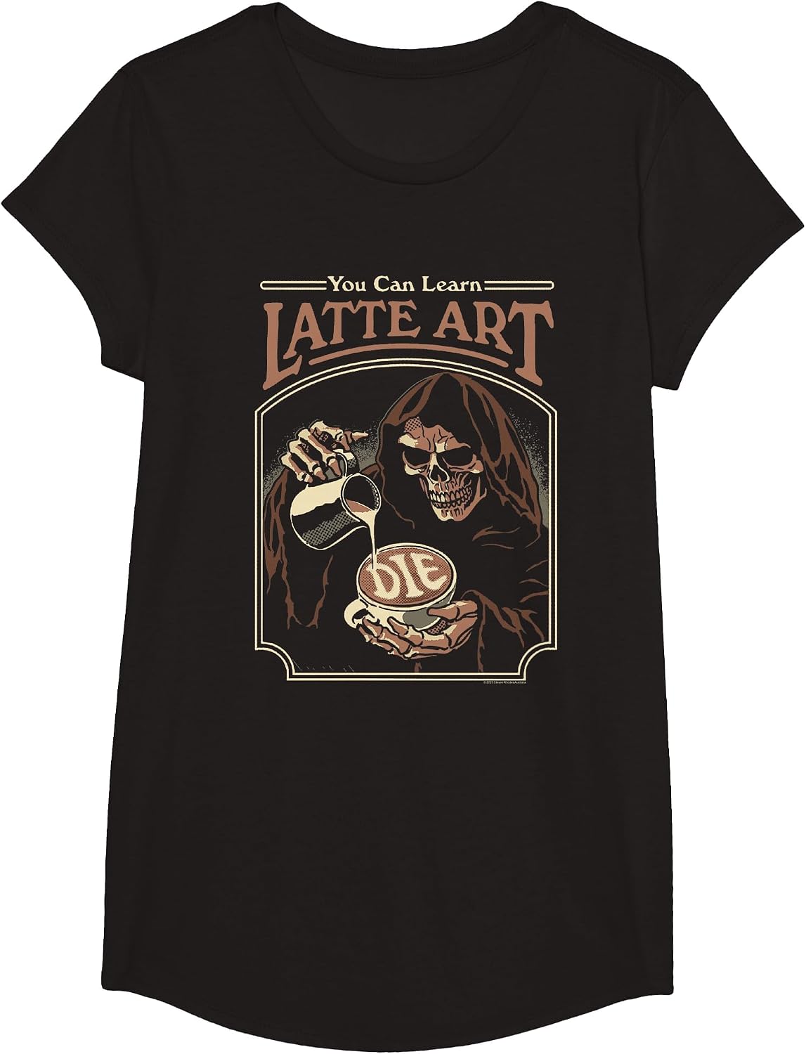 Steven Rhodes Learn Latte Art Grim Reaper Dark Humor T-Shirt - Girls Black
