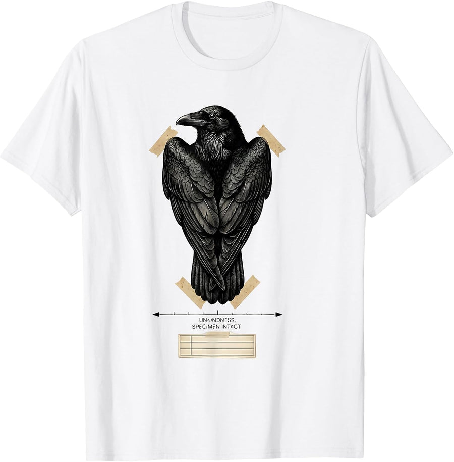 Men's Unkindness Specimen Intact Botanical Dark Humor Crow Lover T-Shirt - White