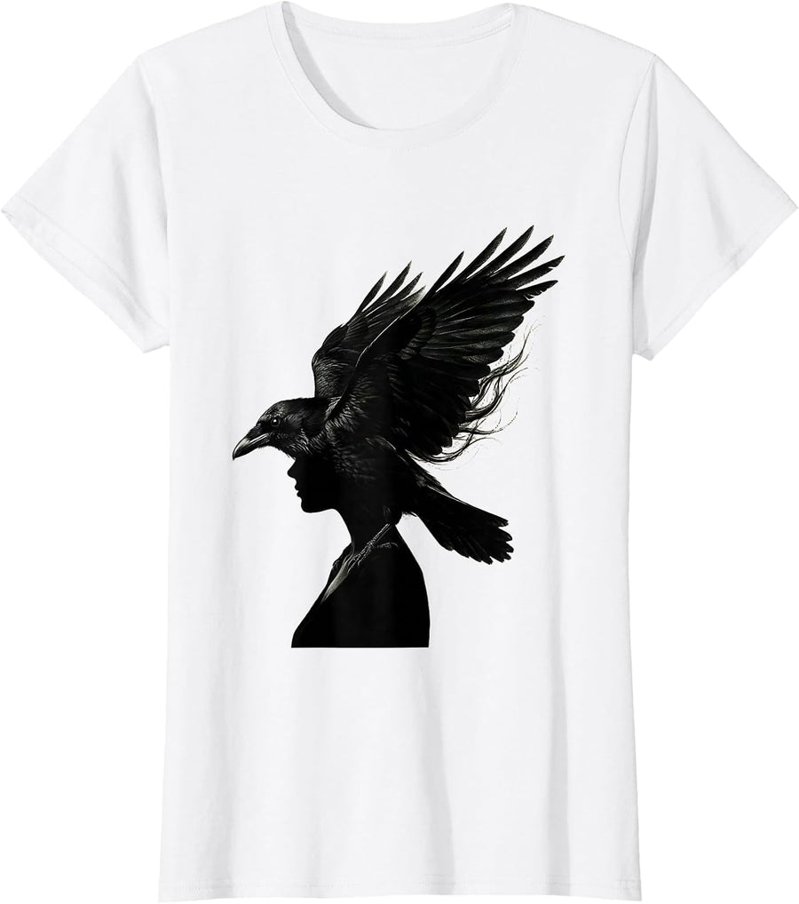 Women's Crow and Woman Shared Shadow Gothic Art T-Shirt - White