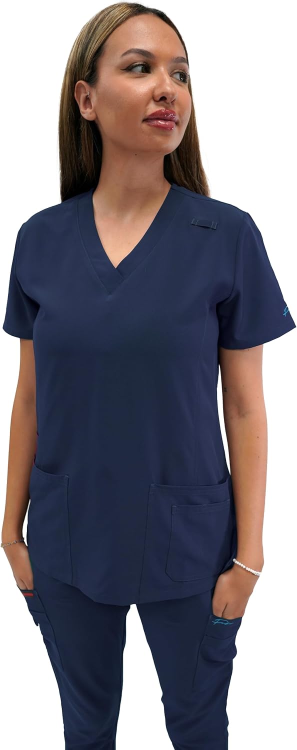 FUBU Women's 5 Pocket V-Neck Scrub Top Medical Nursing Uniform - Navy