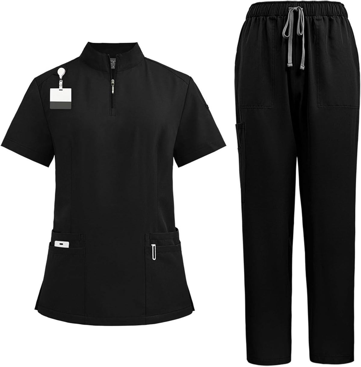 Scrubs for Women Set Stretch V-Neck Scrub Tops & Cargo Pant Quick Drying Solid Medical Nurse Uniform with Pockets - 03-black