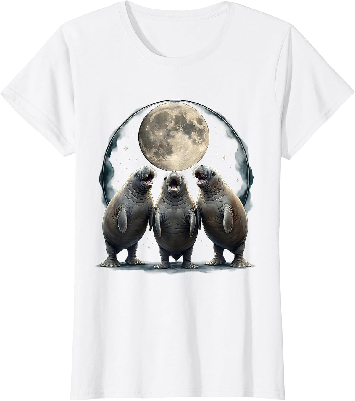 Women's Three Manatees Moon Howling At The Moon Meme Parody T-Shirt - White