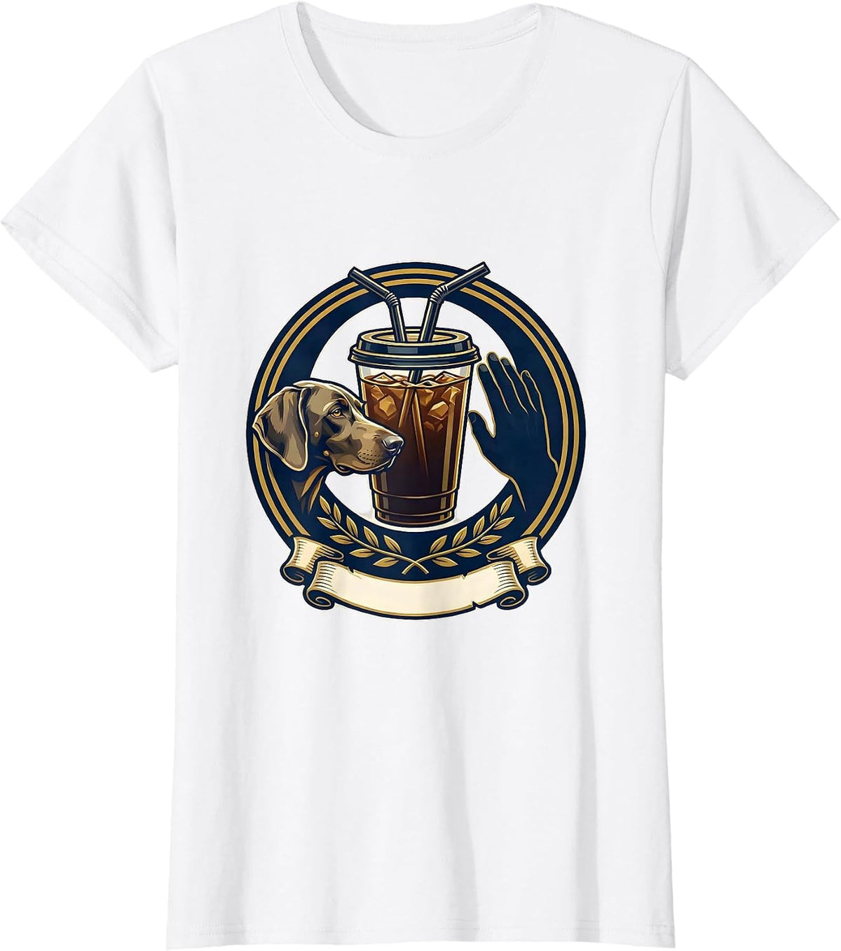 Weimaraner Drinking Iced Coffee Emblem Novelty Dog Breed T-Shirt - White