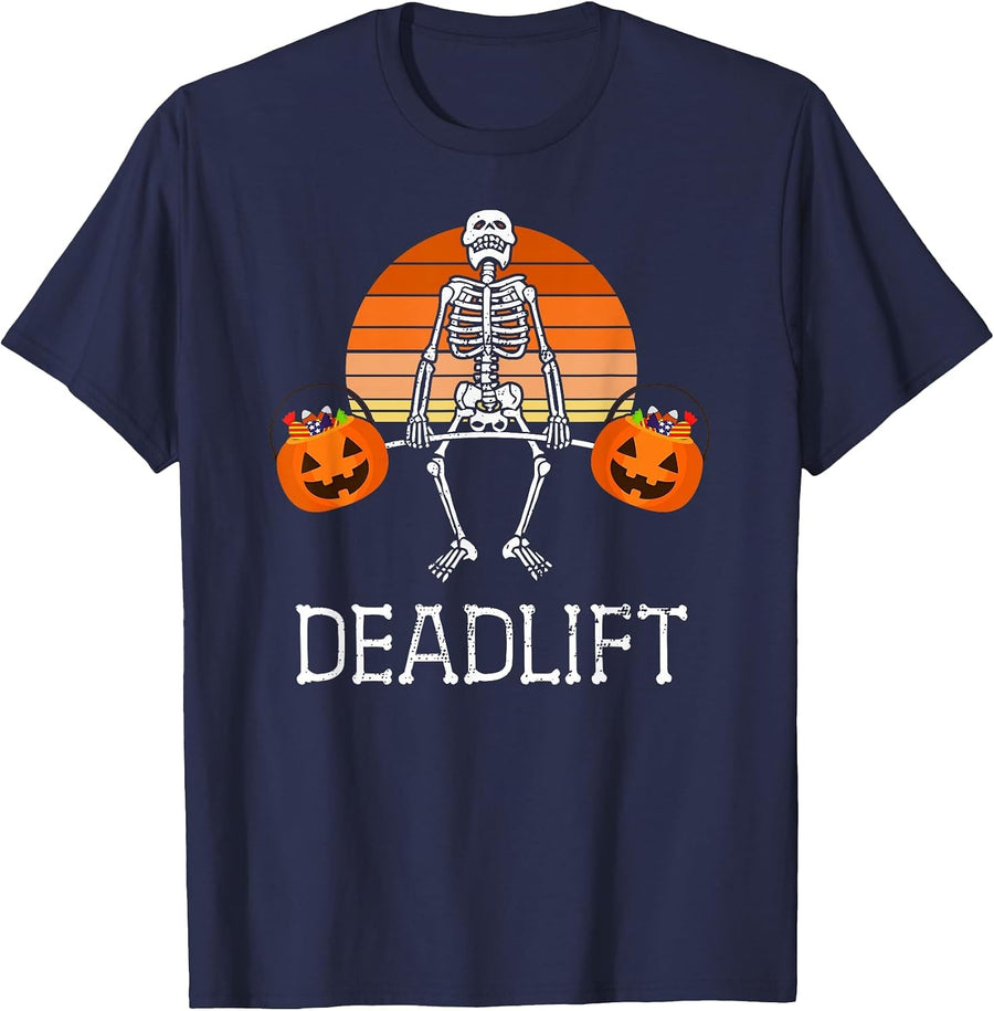 Deadlift Funny Halloween Skeleton Candy Buckets Gym Workout T-Shirt - Navy Blue