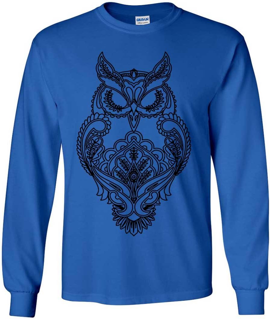Mystical Owl Stencil Black Long Sleeve Shirt - Royal