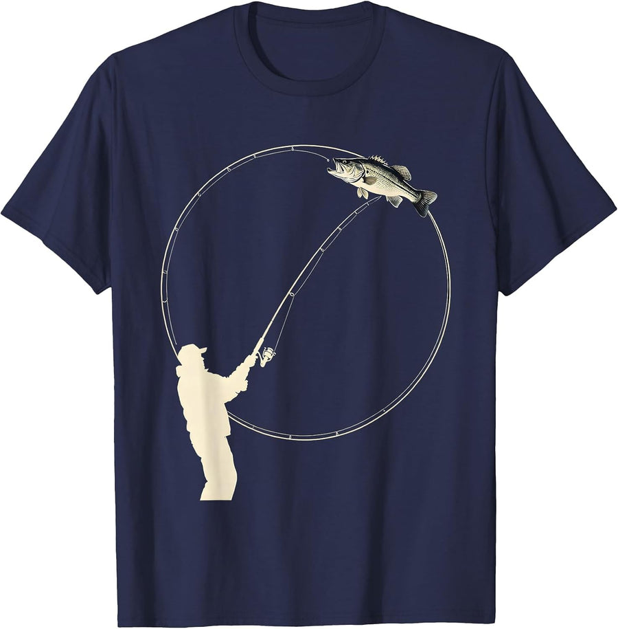 Lone Angler Silhouette Bass Fishing Humor Dad Gift T-Shirt - Navy Blue