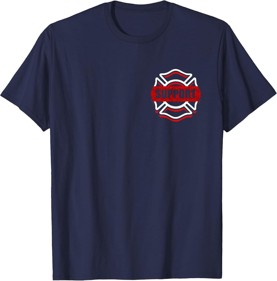 Support Firefighters Red Line Tshirt Front & Back Design T-Shirt - Navy Blue
