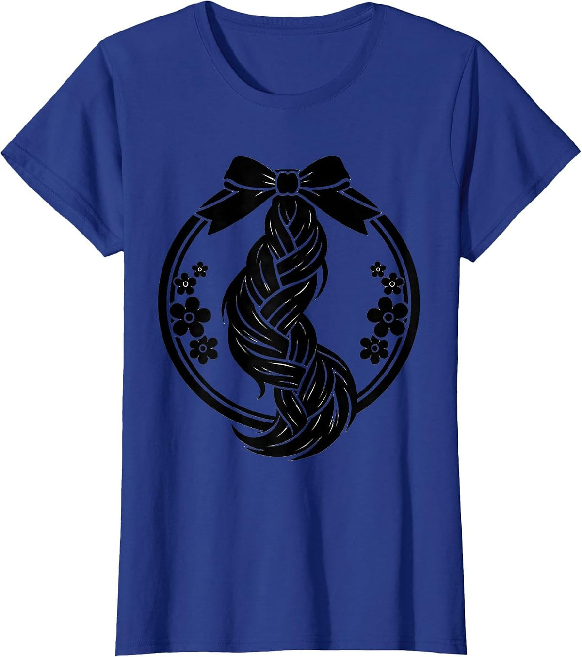 Women's Braided Horse Tail With Ribbon and Flowers T-Shirt - Royal Blue