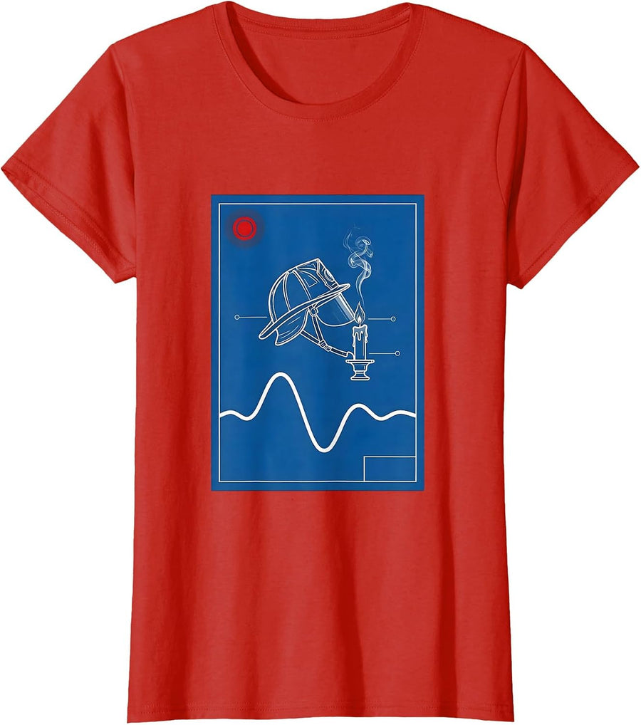 Women's Blueprint Firefighter Helmet Holiday Alarm Wave Christmas T-Shirt - Red