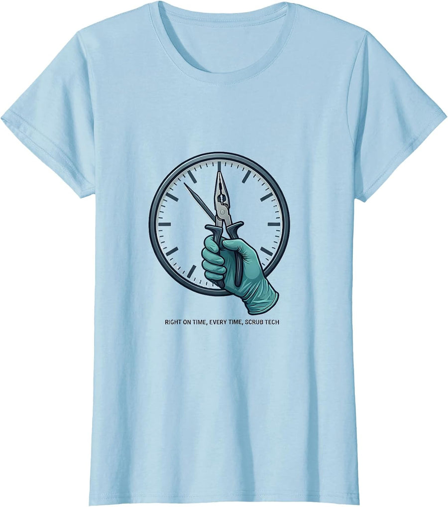 Women's Right On Time, Every Time, Scrub Tech Funny Surgical T-Shirt - Baby Blue