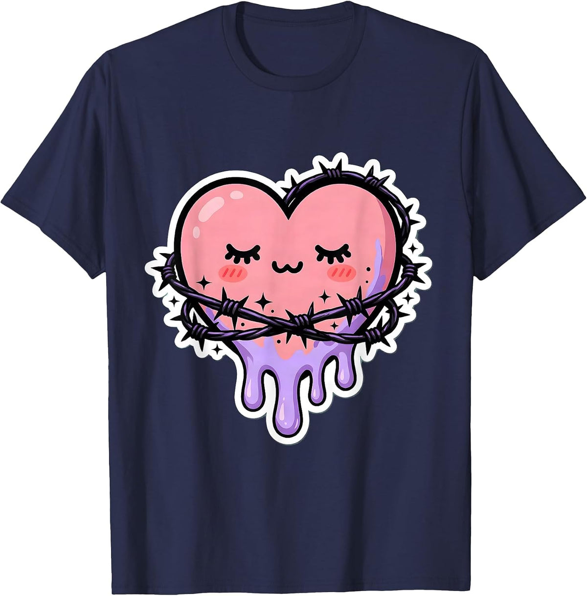 Dripping Heart Barbed Wire Gothic Dark Art T-Shirt - Navy Blue