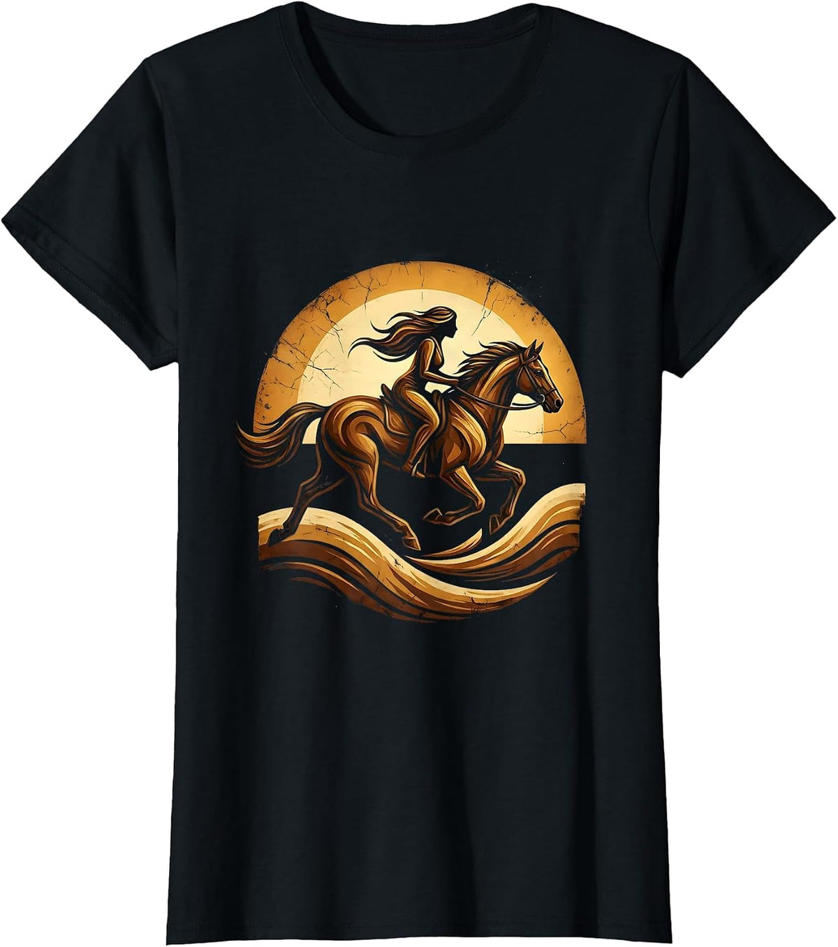 Horse and Rider Galloping Through Ocean Waves T-Shirt - Black