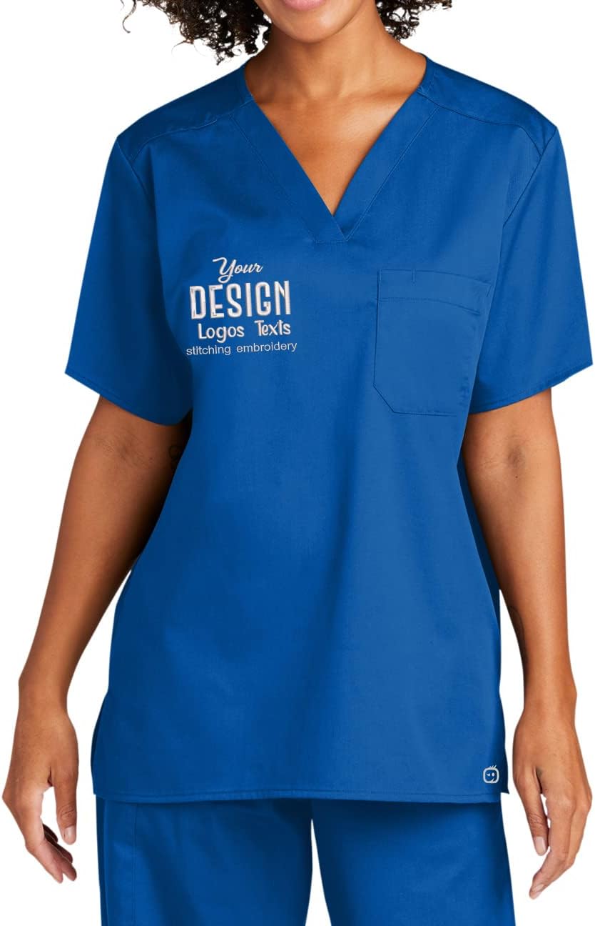 INK STITCH Unisex WW3160 Unisex Embroidered Logo Texts V Neck Pocket Scrub Shirts - Multicolors - Royal