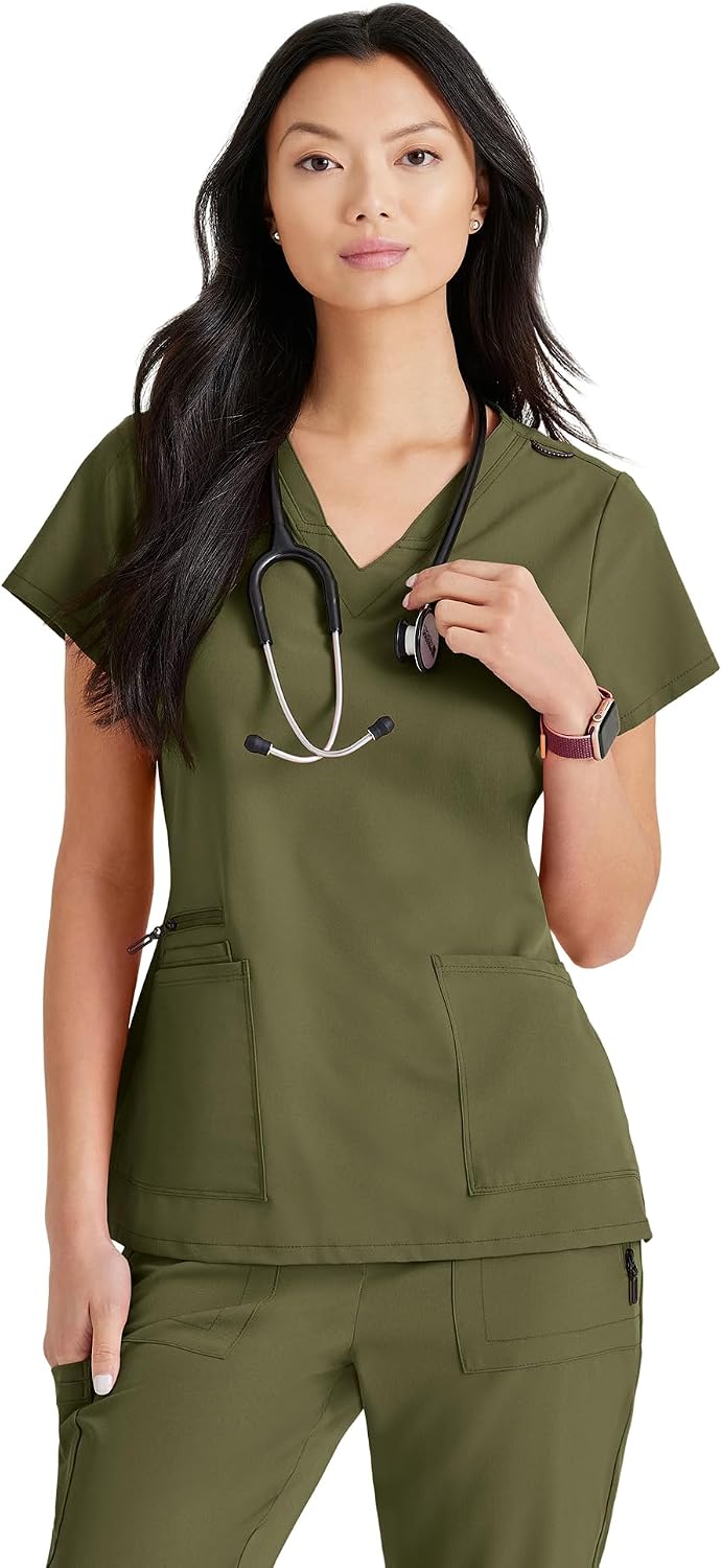 BARCO UNIFY Purpose V-Neck Scrub Top For Women, Classic Fit - Olive