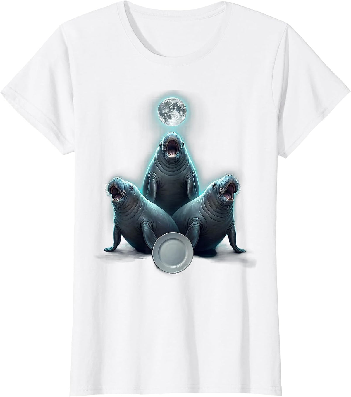 Women's Three Manatee Moon Howling Funny Animal Meme Parody T-Shirt - White