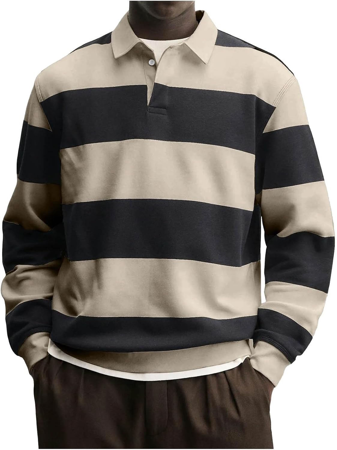 Men's Striped Rugby Shirts Long Sleeve Collar Sweatshirt Casual Tops - 01#beige