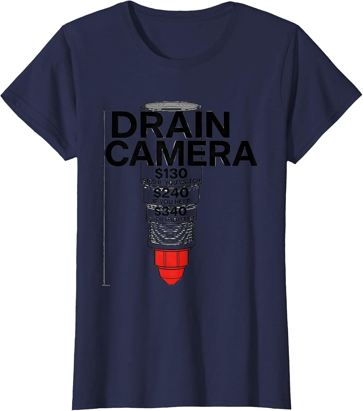 Women's DRAIN CAMERA Funny Plumber Sarcastic Gift T-Shirt - Navy Blue