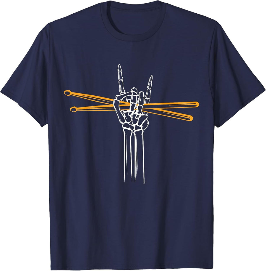 Drummer Drum Sticks Drumming Skeleton Hand T-Shirt - Navy Blue