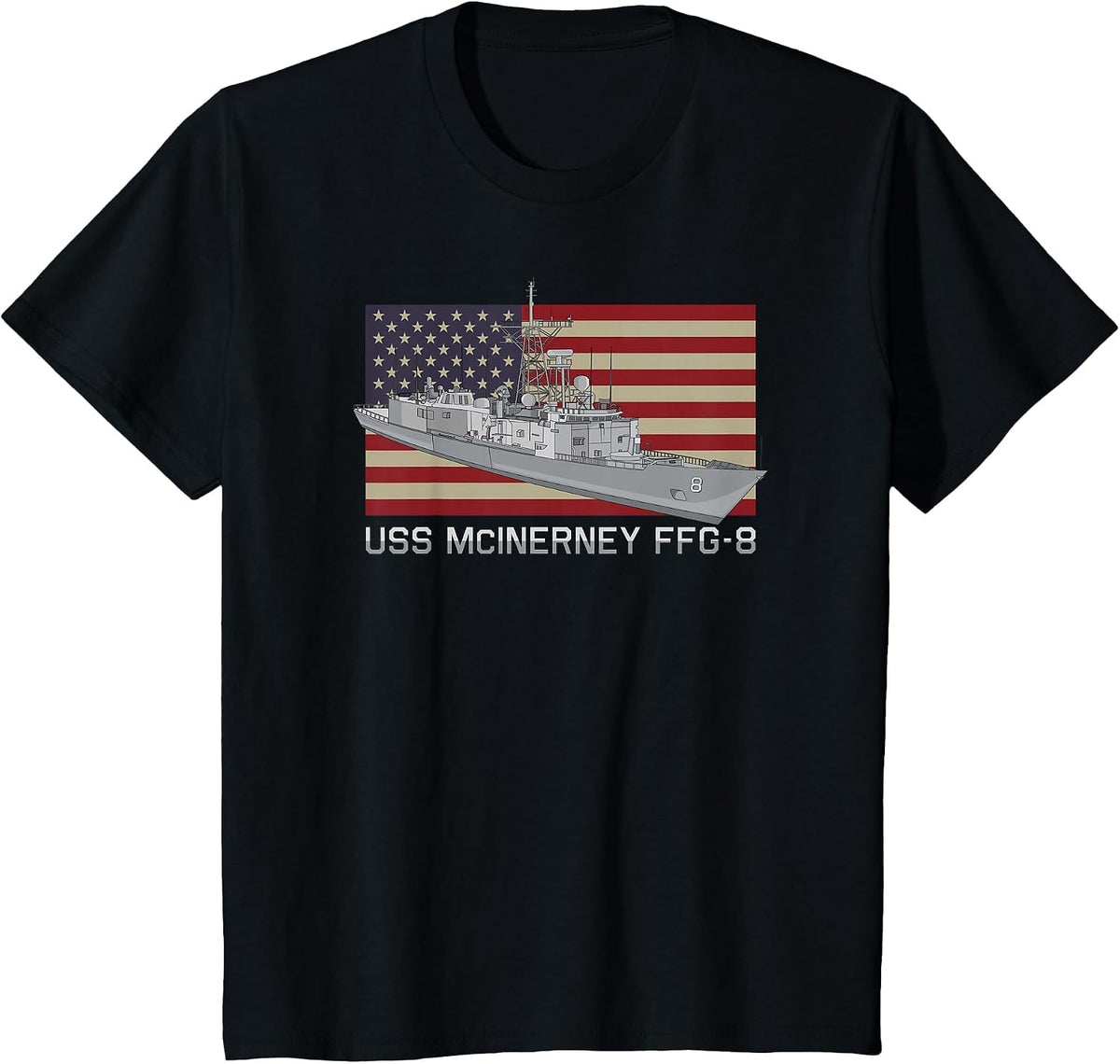 USS McInerney FFG-8 Ship Diagram American Flag T-Shirt - Black