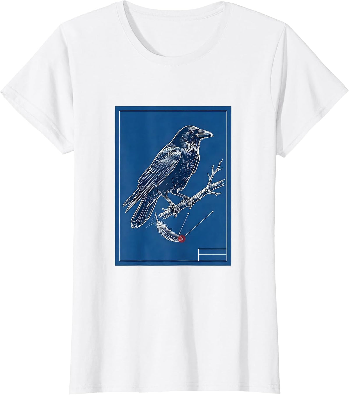 Women's Perched Crow Technical Blueprint Dark Humor Gothic T-Shirt - White