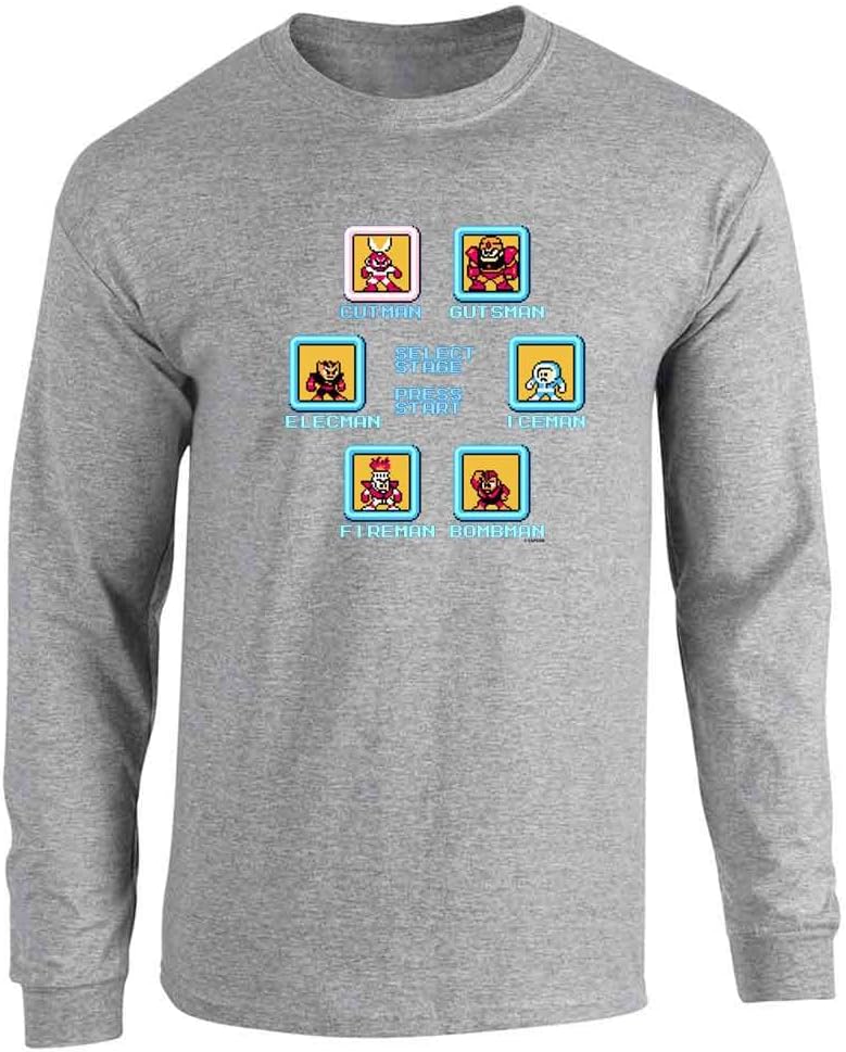 Mega Man Classic Stage Select Video Game T-Shirt Adult T-Shirt - Long Sleeve Tee | Sport Grey