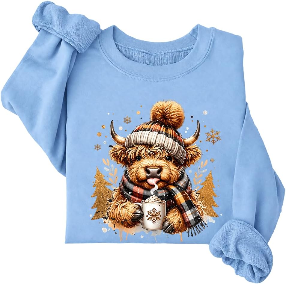 Highland Cow Sweatshirt Cute Christmas Cow Crewneck Long Sleeve - Crew Neck Carolina Blue-1